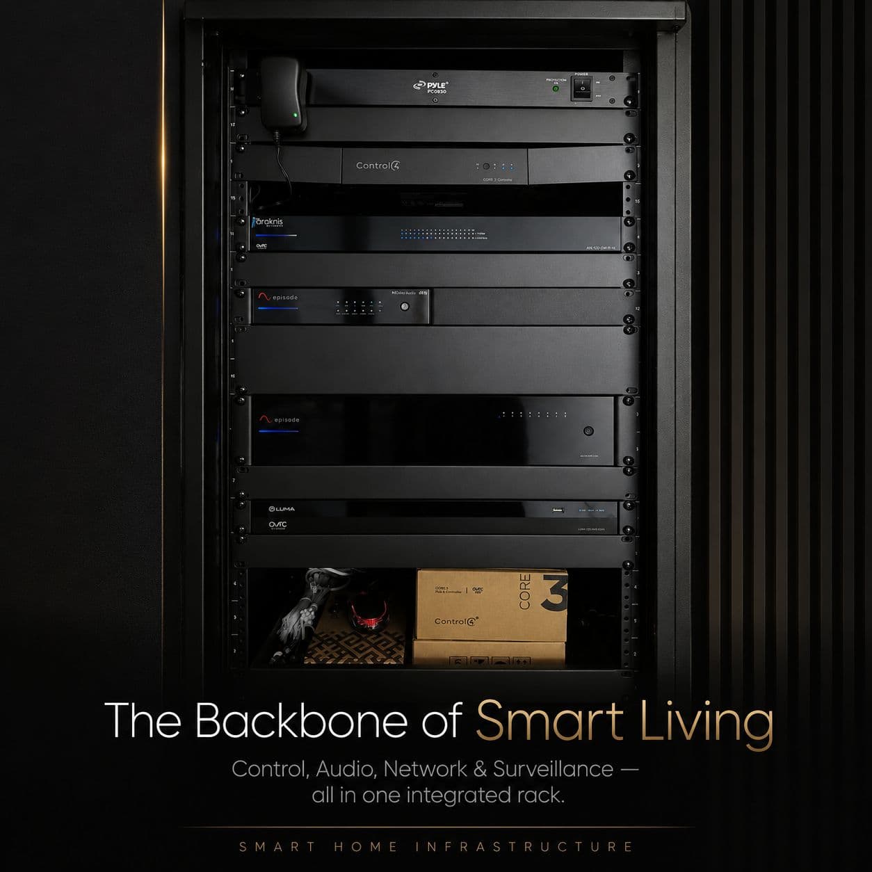 Integrated smart-home equipment rack for control, audio and networking