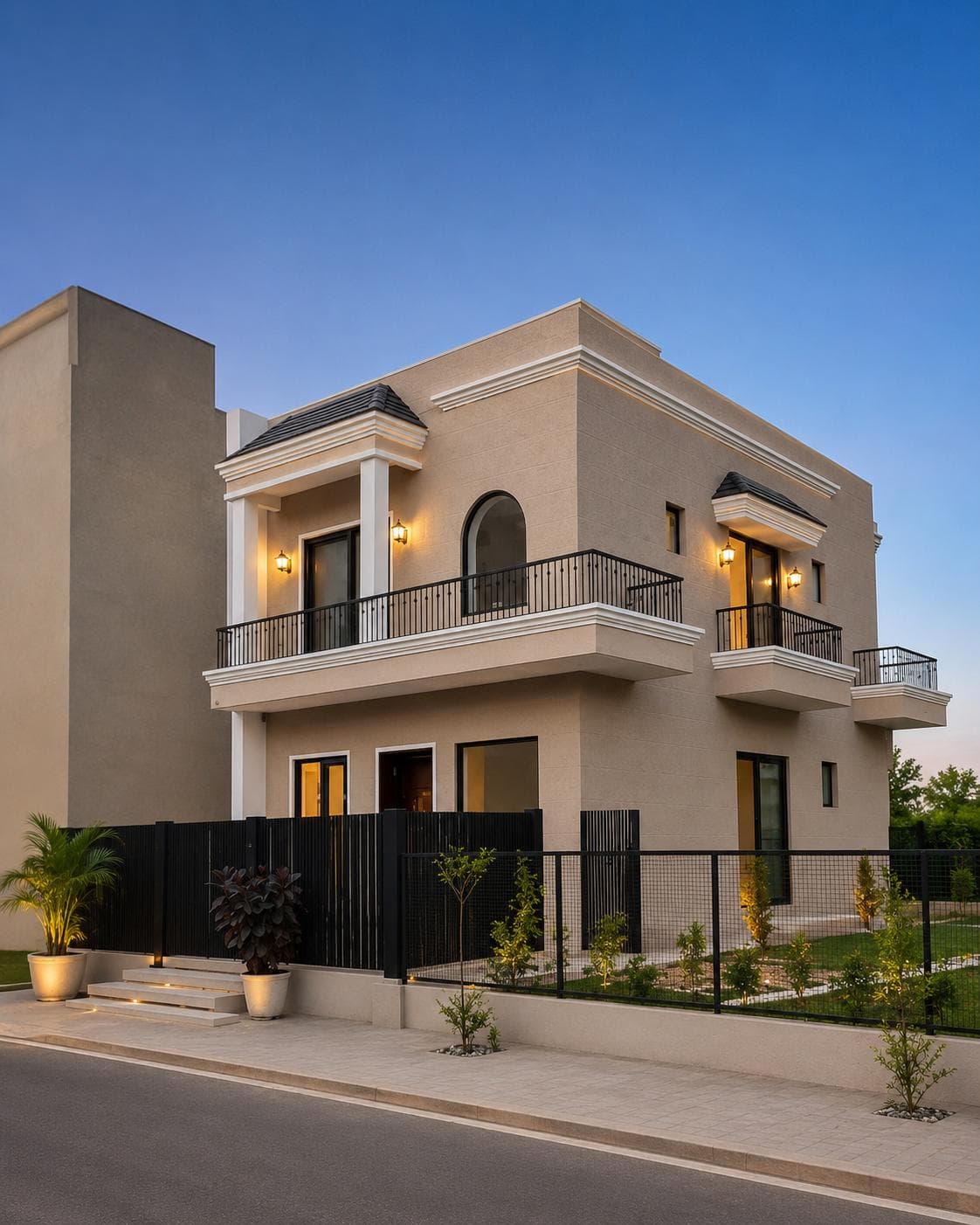Modern two-storey residence with balconies and a landscaped garden at twilight