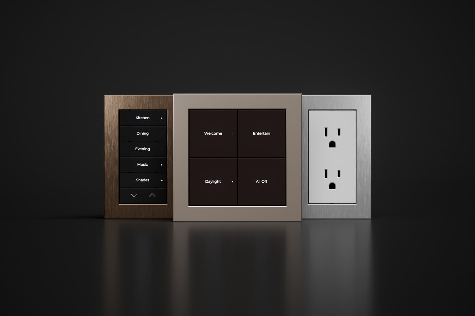Three architectural wall controls in bronze, warm silver and brushed silver finishes