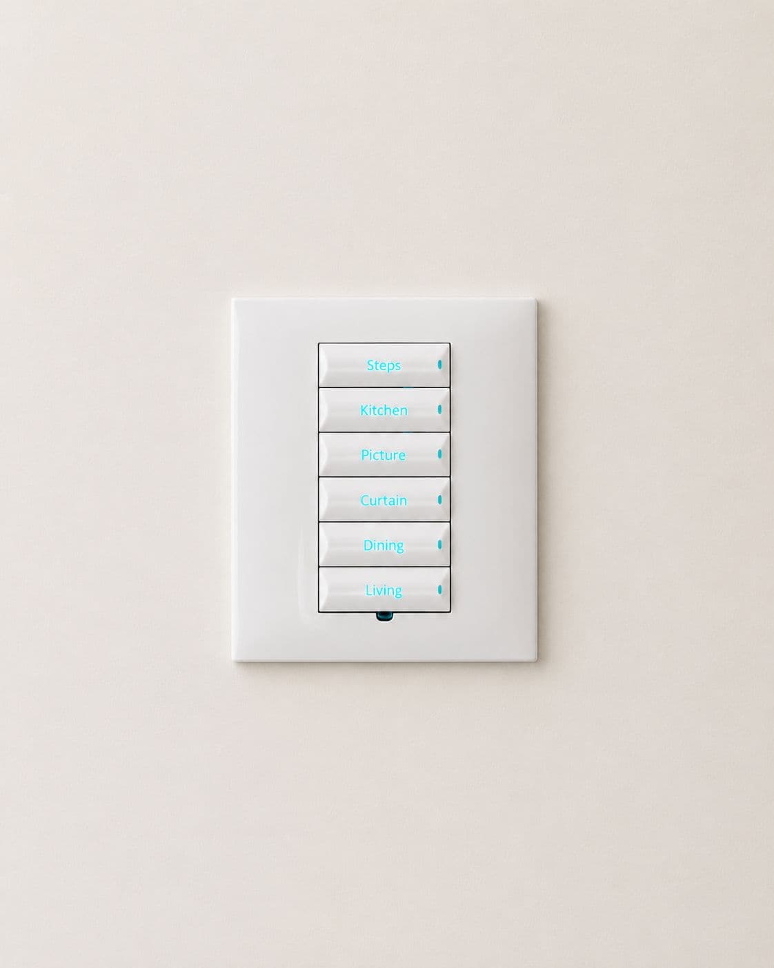 Wall-mounted scene-control keypad with six labelled buttons