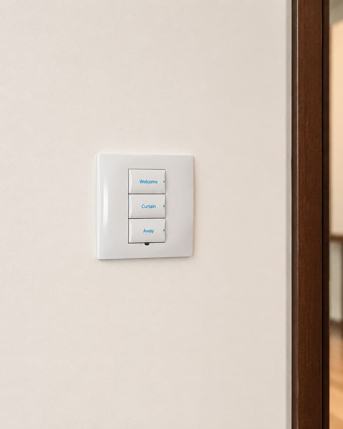 Wall-mounted scene-control keypad with Welcome, Curtain and Away presets